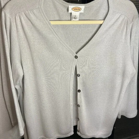 Talbots Tank Top & 3/4 Sleeve Cardigan Light Grey w/ Silver Metallic Thread - Picture 1 of 4